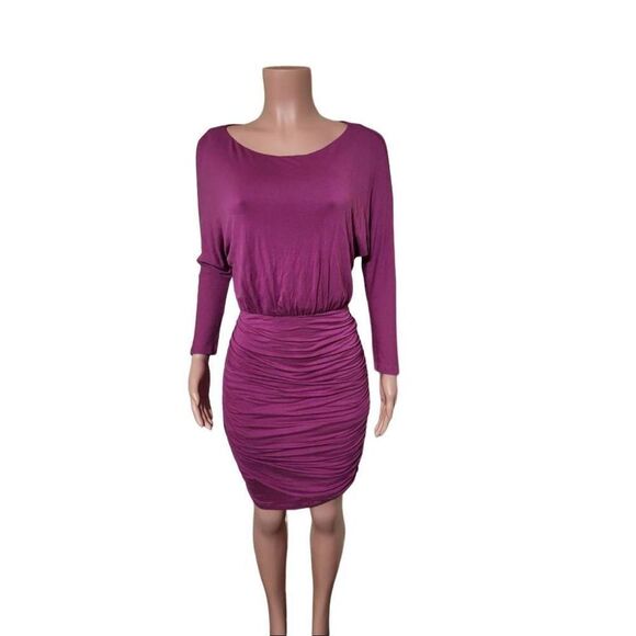 Women's mock neck midi long sleeve open back purple ruched dress M - Picture 4 of 5